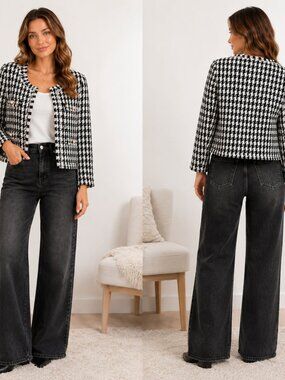 Nanette Lepore Jacket houndstooth Tweed XL Fringe Trim Gold Button Blazer